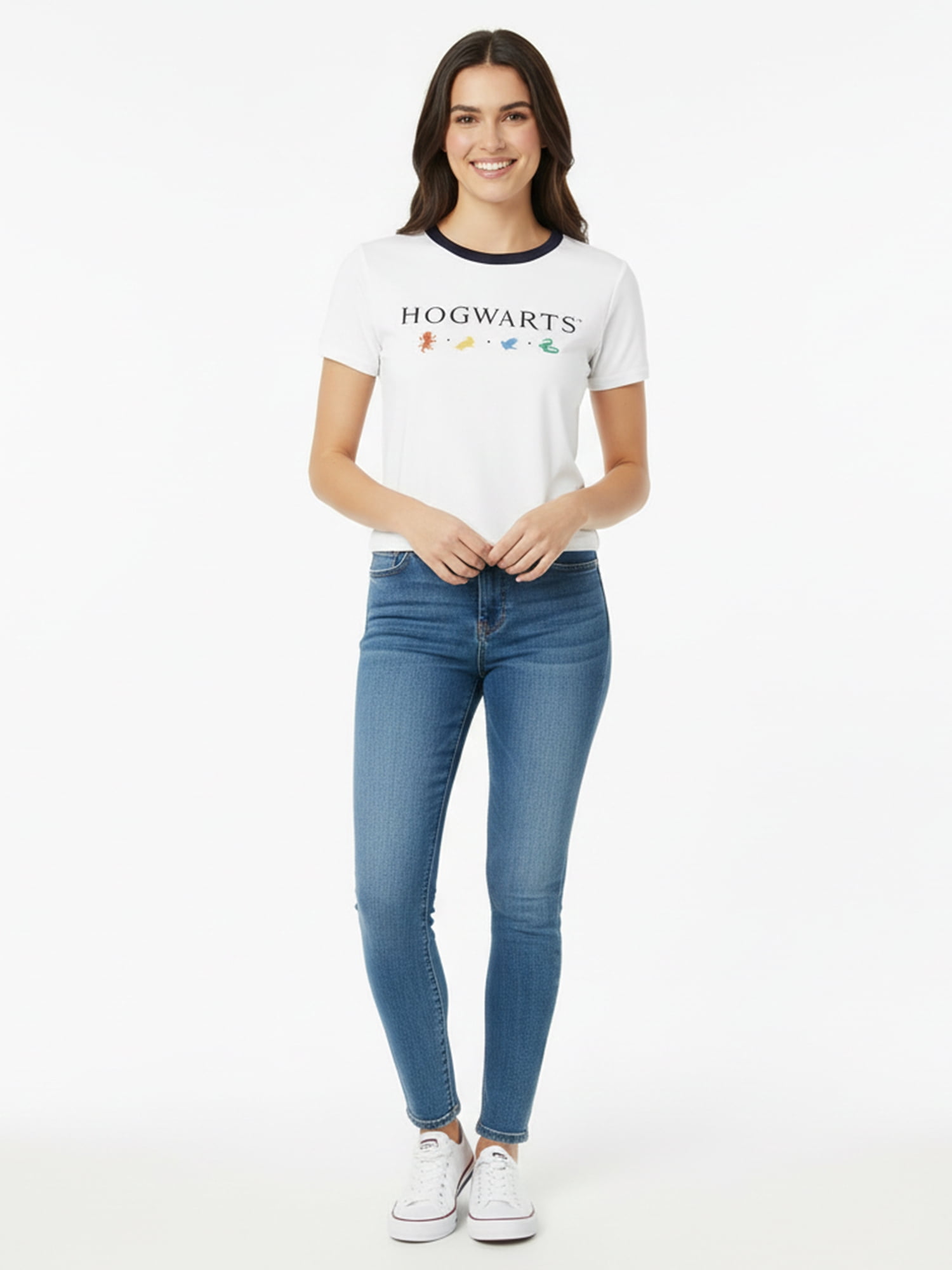 Harry Potter, Women's & Young Women's Graphic Short Sleeve Baby Tee, Hogwarts Mascots, Sizes XXS-2XL