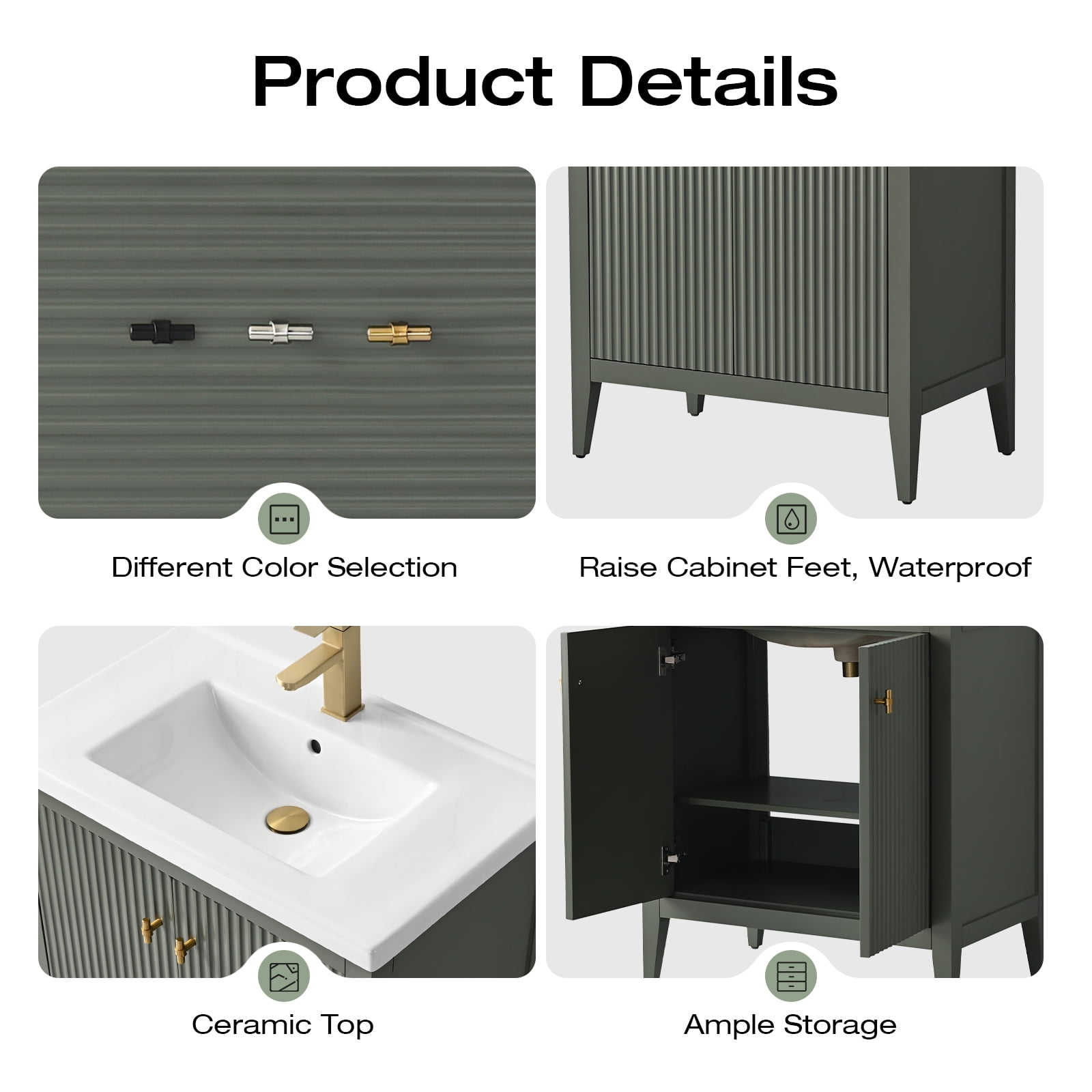 Vanity Art 30" Double Door Bathroom Vanity with Sink, Freestanding Storage Cabinet with Ceramic Top, and Removable Shelve