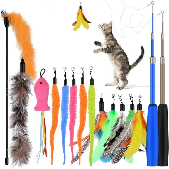 Qoosea Cat Feather Toys, 13PCS Replacement Teaser with Bell Refills and 2PCS Retractable Cat Wand Toy , Interactive Cat Wand for Kitten Cat Having Fun Playing