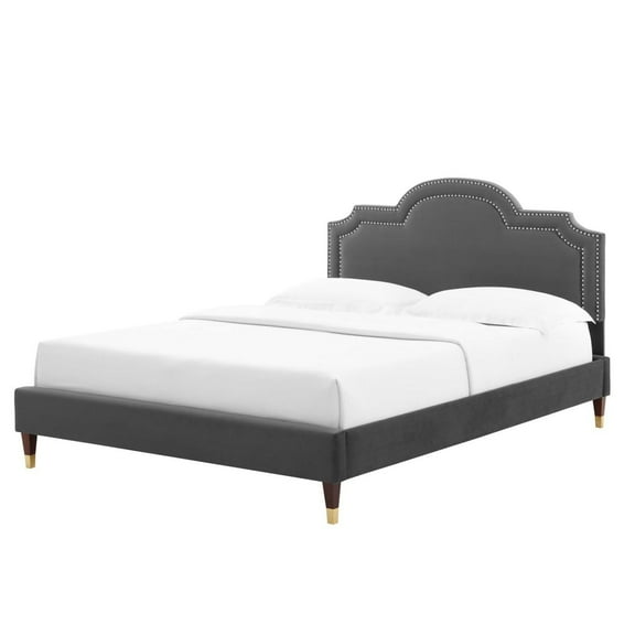 Platform Bed Frame, Rivet Nailhead, King Size, Dark Grey Gray, Velvet, Mid Century Bedroom, Modern Contemporary Boutique HB35460