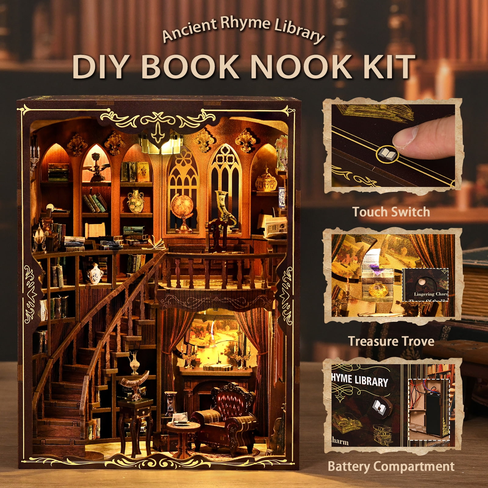 DIY Book Nook Kit – Wooden Miniature Library Scene with LED Light, Bookshelf Insert Decor, Relaxing Craft Kit for Adults & Teens, Ancient Rhyme Library