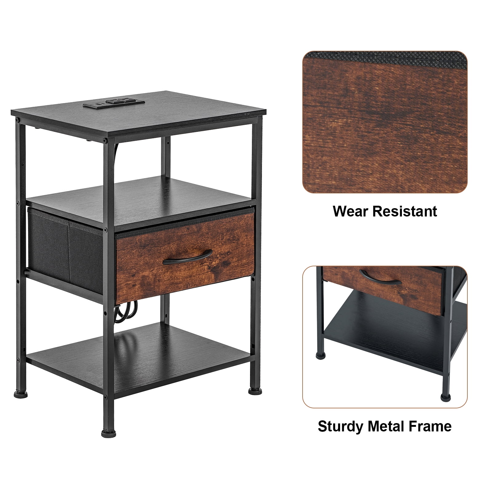 Beddle Nightstand with Charging Station, LED Bedside Table with 1 Fabric Drawer, 3-Tier End Table for Bedroom, Living Room, Black and Brown