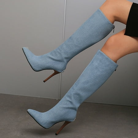 

WQJNWEQ Women Boots Oversized s Fall/Winter Pointed Wood Grain Fine Heels Super High Heel Back Zipper Knee Long Knight Anti-Slip Comfort