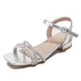 thumbnail image 5 of JUMEYU Sandals for Girls Girls Sandals Ankle Strap Square Toe Low Heel Party Flower Dress Shoes for Little Kids/Big Kids Size 2 (Silver,Big Kids 2), 5 of 8