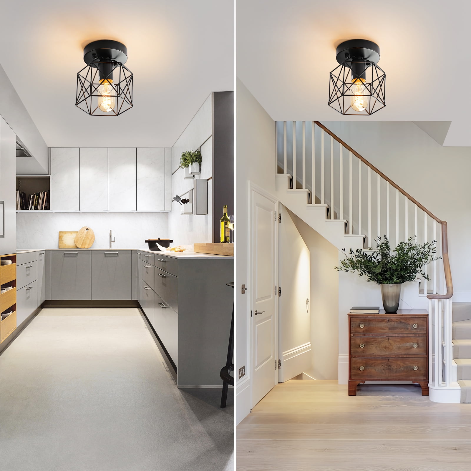 Industrial Metal Cage Flush Mount Ceiling Light Fixture - E26 for Kitchen and Bedroom Lighting