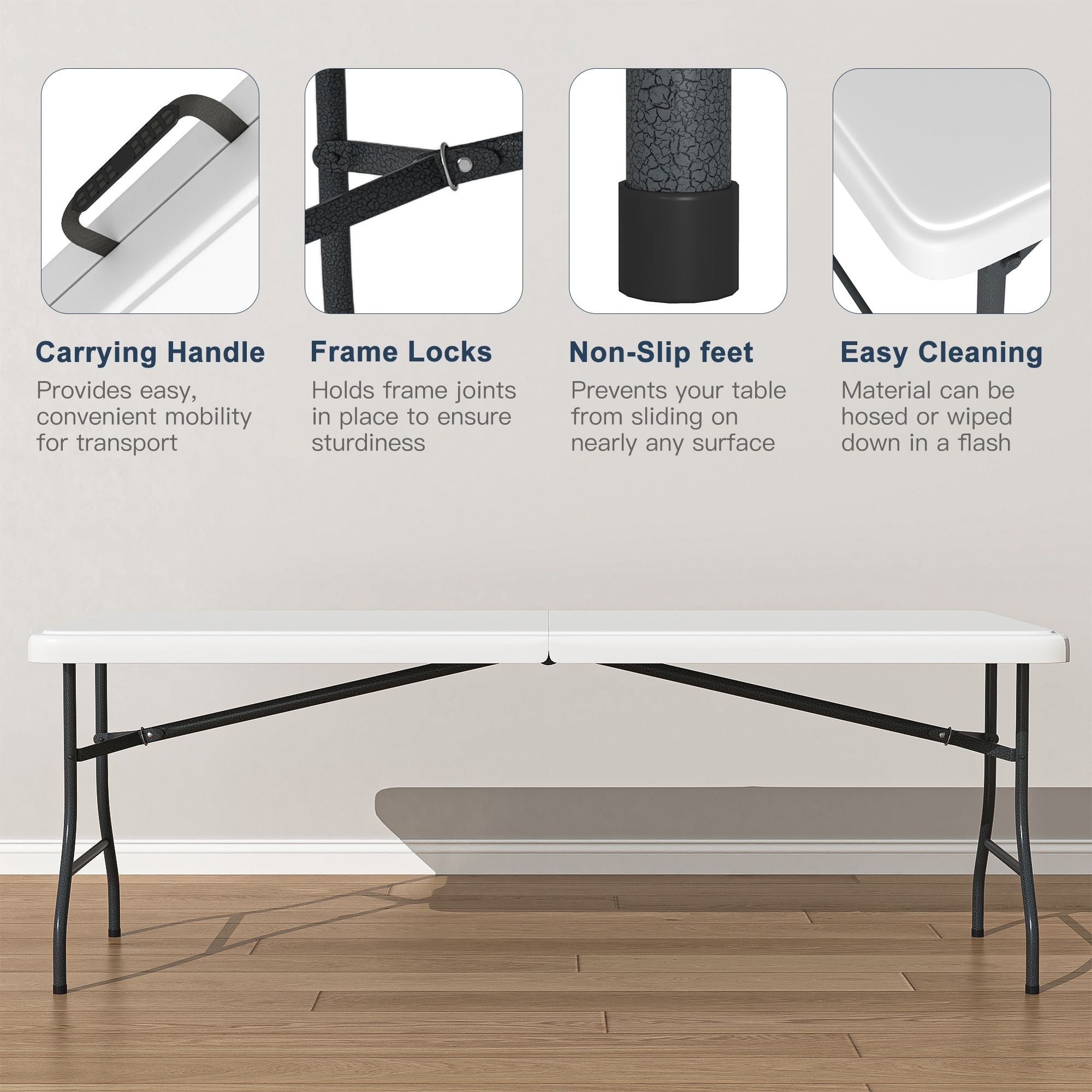 Demi Bonn 71.6"x29" Plastic Folding Table, Multipurposedoor Outdoor Duty Portable Rectangle Table with Handle, Lock for Picnic, Party, Camping, White