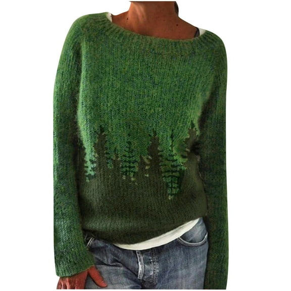 TFEOQRY Pullover Sweater for Women Fashion Loose Color Blocked Knitwear Long Sleeved Round Neck Sweater Top Green