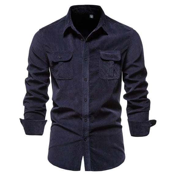 SWSMCLT Men's Full Cotton Long Sleeve Button Shirt Basic Top Fall Pocket Button Up Shirt Navy X-Large