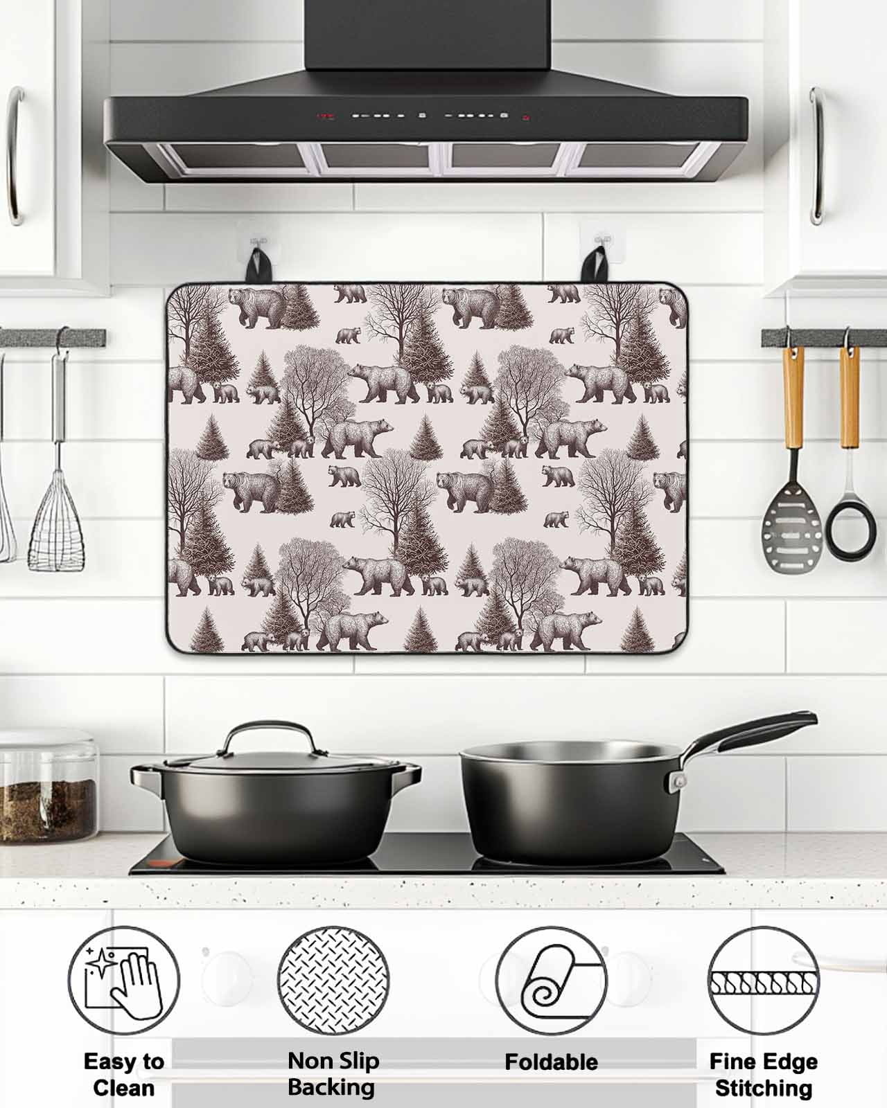 Stove Top Covers for Electric Stove, Brown Bear Glass Stovetop Cover Protector, Hunting Bear Forest Wildlife Animals Vintage Induction Cooktop Protector Oven Mat for Kitchen Countertop 24"x21"