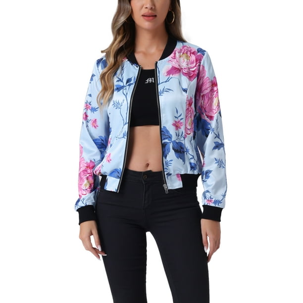 Chaqueta bomber para mujer Inspire Chic, corte slim, ligera, con cremallera, talla M, azul claro