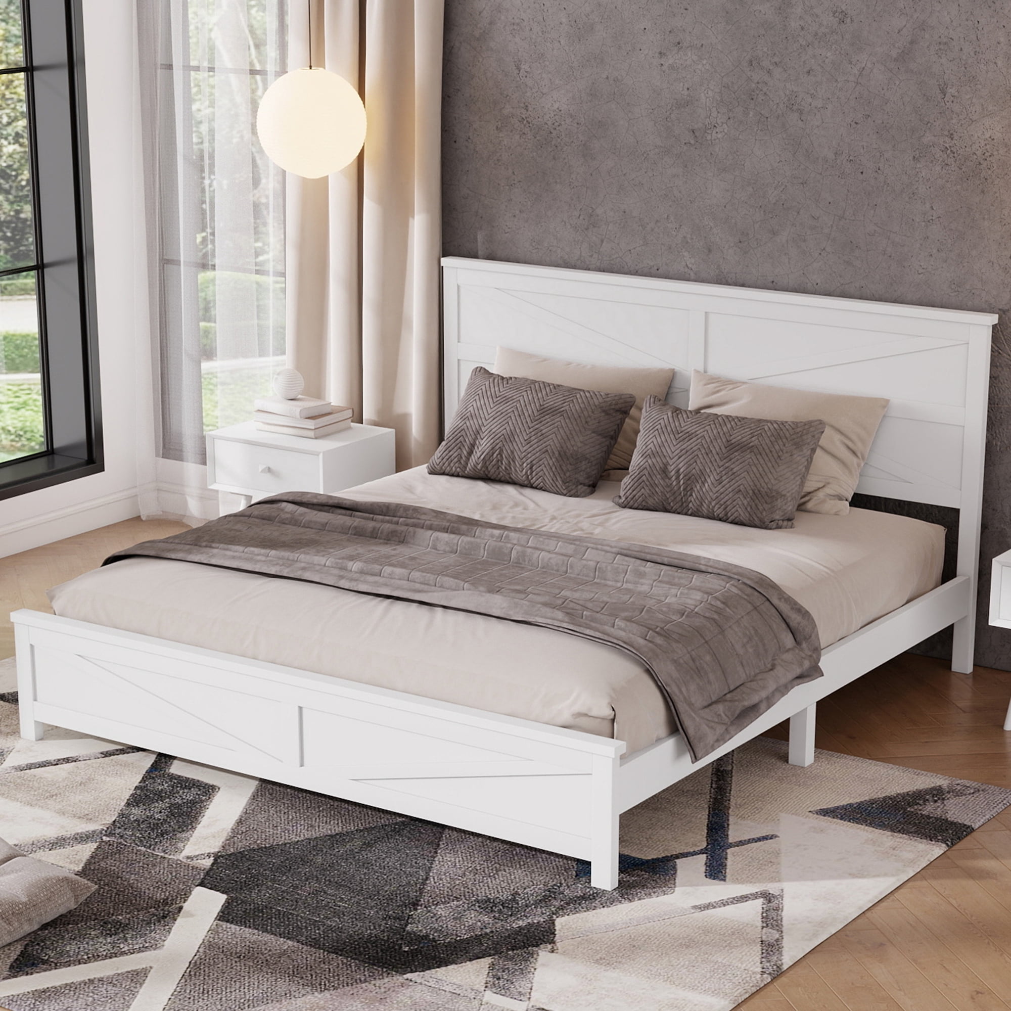 Mintazer Farmhouse King Size Platform Bed with Under-Bed Storage, Platform Bed Frame with Headboard & Footboard for Bedroom, White