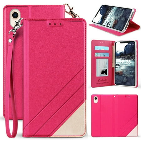 Case for iPhone XR, [Pink] Infolio Wallet Credit Card Slot ID Cover, View Stand [with Wrist Strap Lanyard] for Apple iPhone XR (10R) (Size 6.1" model)