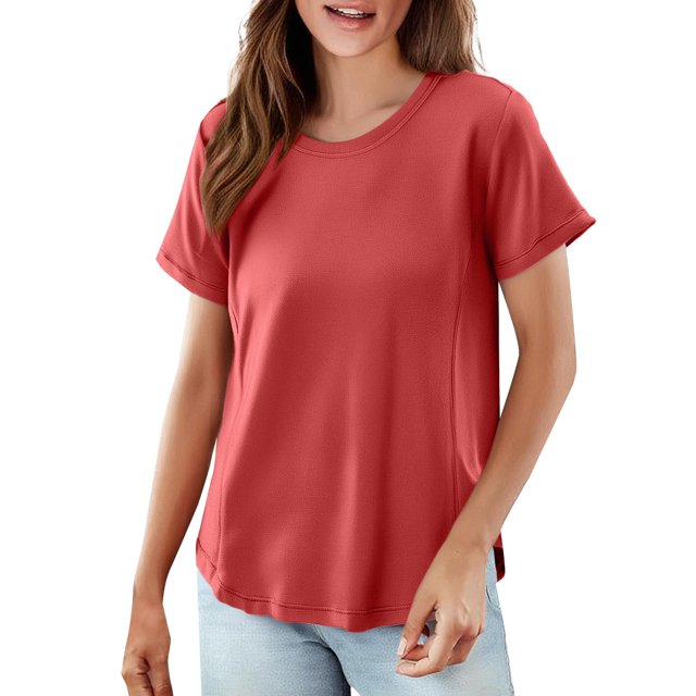 Charmgo Hauts pour Femmes T-Shirt Uni Tendance Col Rond Manches Courtes Grande Taille Ample Élastique Pur Coton Basique Tunique Sans Manches Hauts d'Été pour Femmes Rouge XXXXXXL