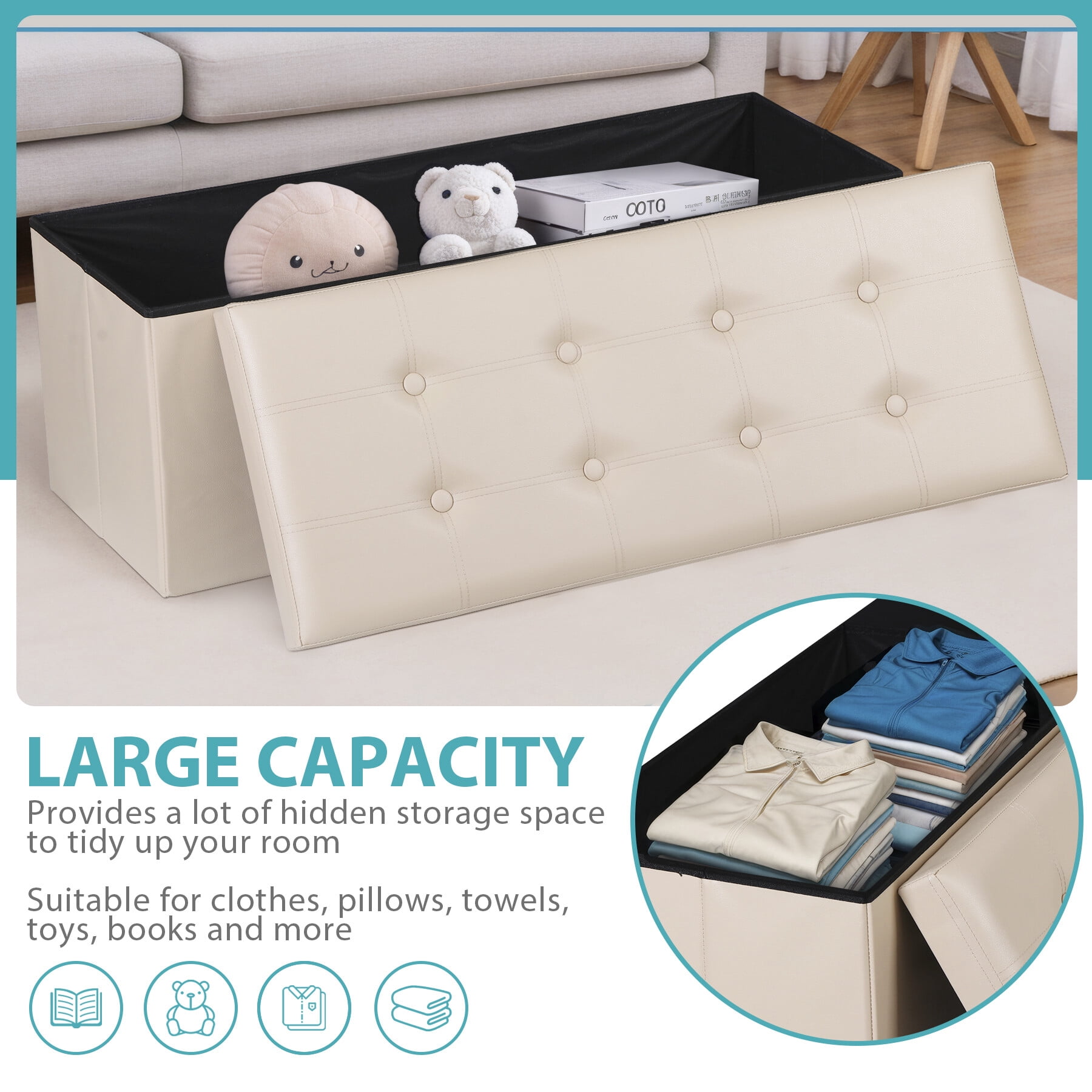 SuperDeal 30" Storage Ottoman Bench Folding Footrest Stool Sponge Padded Seat W/Lid White