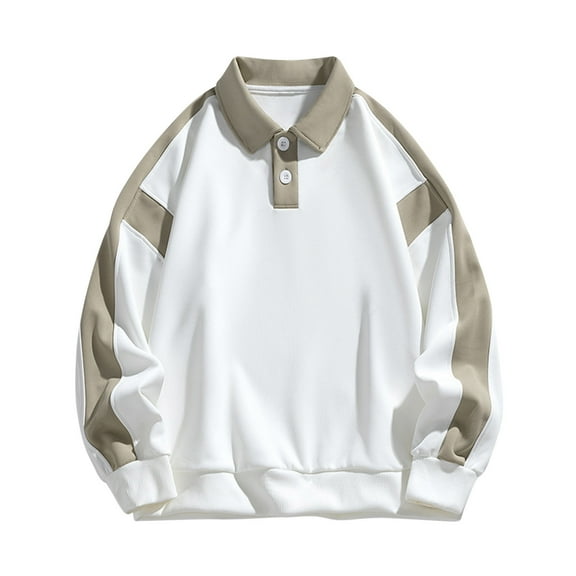 Men's Soft Cotton Color Block Sweatshirt Pullover Loose Casual Buttons Collared Work Cargo Jacket Long Sleeve Tops (X-Large, White 01)