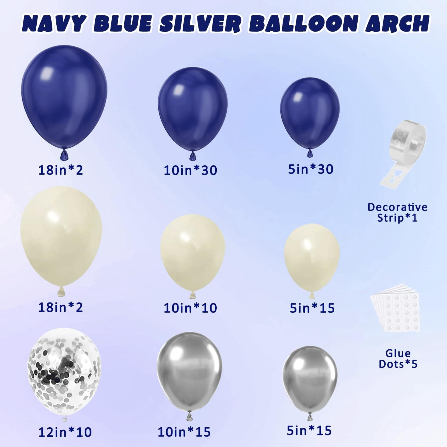 Navy Blue Silver Balloons Arch Kit, Double Stuffed Pearl White Royal Dark Blue Silver Chrome with Confetti Balloons Garland Kit for Birthday Wedding Graduation Father's Day Decorations