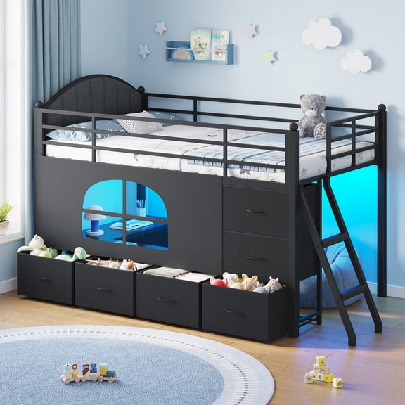 Low Loft Bed with 8 Storage Drawers and LED Lights, Twin Loft Bed Frame with Upholsterd Headboard, Safety Guardrail, Ladder and Under-Bed Play Area, Black