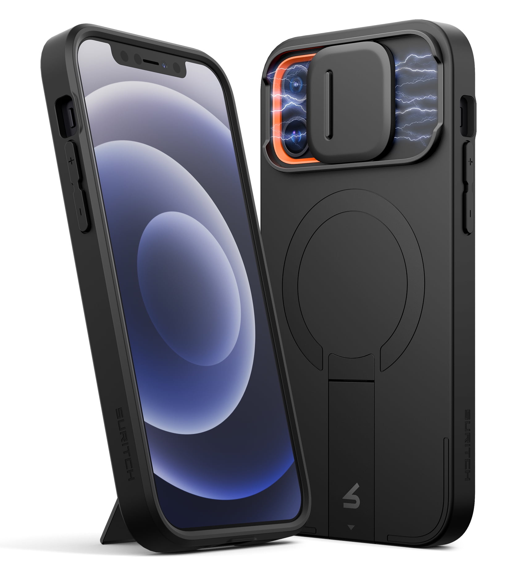 Suritch for iPhone 12 / 12 Pro Case with Magnetic Slide Camera Cover and Adjustable Kickstand, Compatible with MagSafe, Shockproof Bumper Case Slim Protective Cover, Black