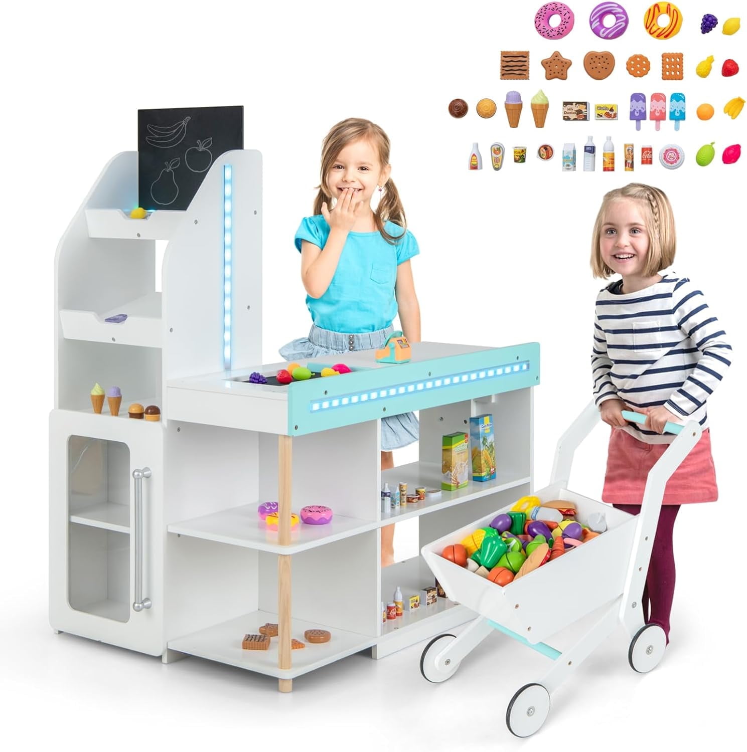 OLAKIDS Kids Grocery Store Playset, Wooden Pretend Play Supermarket with LED Lights Manual Conveyor Belt Play Food Accessories Blackboard Cash Register, Market Stand Toy for Toddler Boys Girls