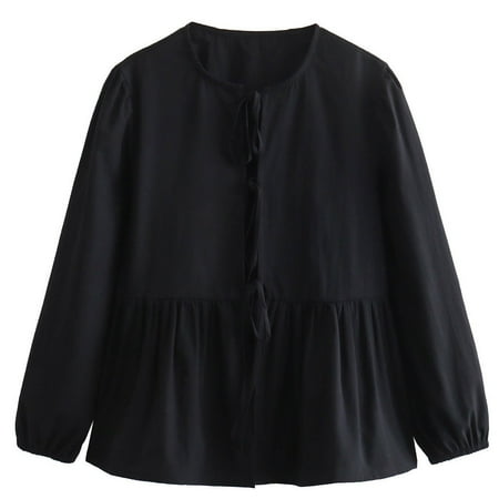 Lovskoo Womens Y2K Puff Sleeve Tie Front Peplum Babydoll Shirts Lace Up Blouses Cute Summer Going Out Tops Black