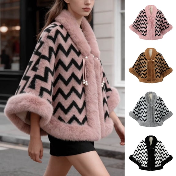 Fewfanhot Faux Fur Trim Cute Print Poncho Cape, Warm Fleece Lined Open Front Wrap Coat for Women Winter
