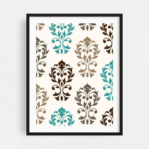 Heart Damask Art Browns Teals Cream - Digital Art Pattern Floral Art Deco Geometric Vintage Modern Art Minimalist Black Framed Wall Art Print 8 x 10 inches