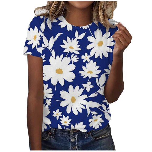 QENGING Summer Tops for Women 2023 Oversize Casual Short Sleeve Round Neck Floral Printed Sleeve Tee Loose Blouse