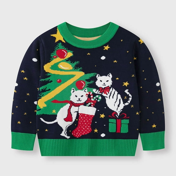 Lopecy-Sta Christmas Sweater for Toddler Girls (3-8Y), Kids Cute Cat & Christmas Tree Knit Crewneck Pullover, Winter Long Sleeve Xmas Knitted Top for Holiday Party Green