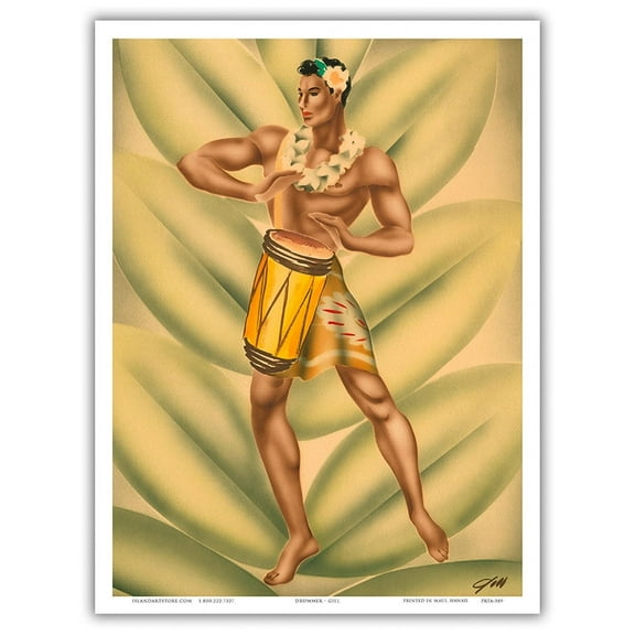 Hawaiian Drummer (Mea hoʻokani pahu) - Vintage Hawaiian Airbrush Art by Gill c.1940s - Master Art Print (Unframed) 9in x 12in