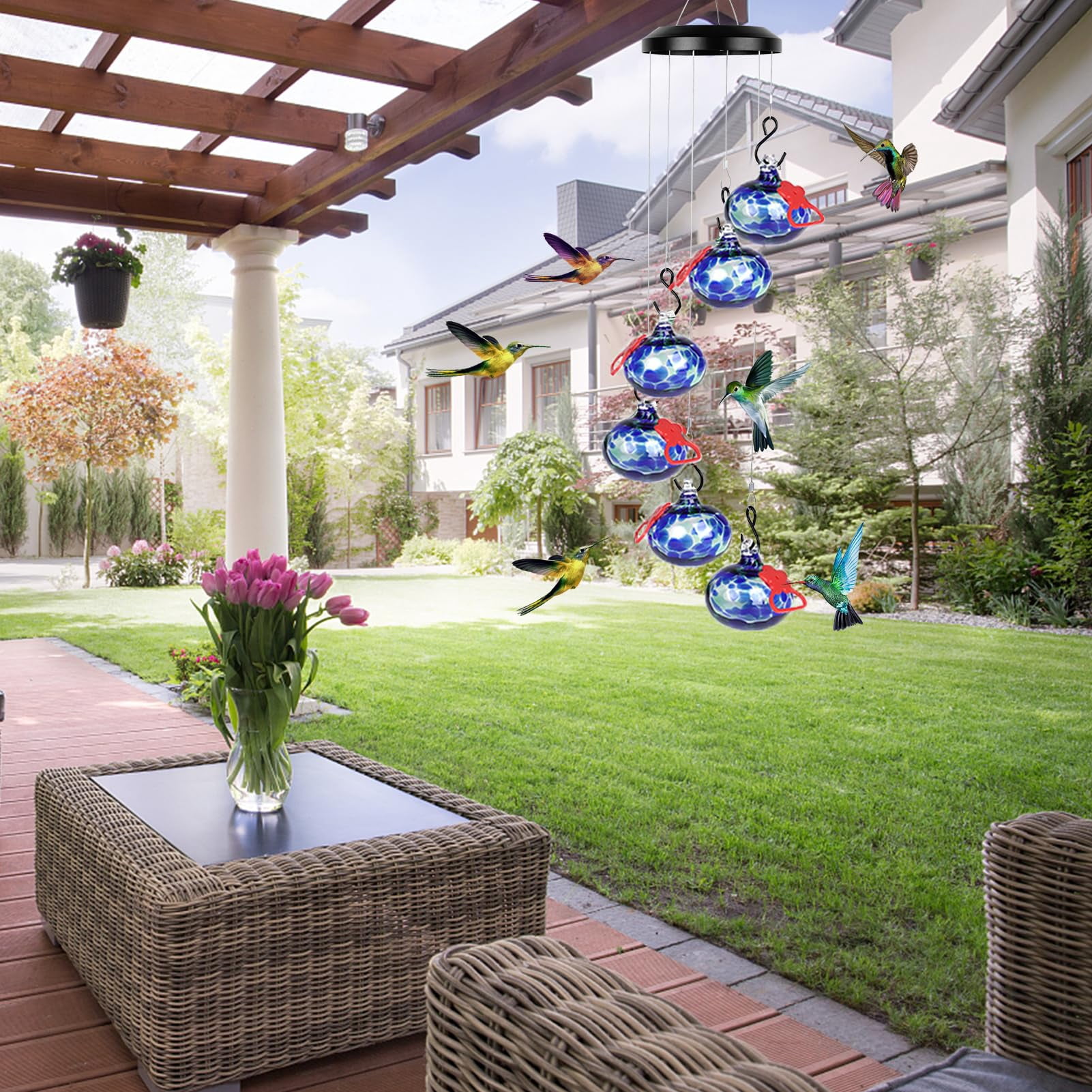 Charming Wind Chimes Hummingbird Feeders For Outdoors Hanging Ant And Bee Proof Never Leak Gift People(deep Blue)