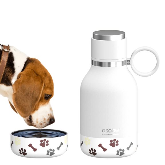 Asobu Dog Bowl Attached to Stainless Steel Insulated Travel Bottle for Human 37oz/1.1 Liter (White)