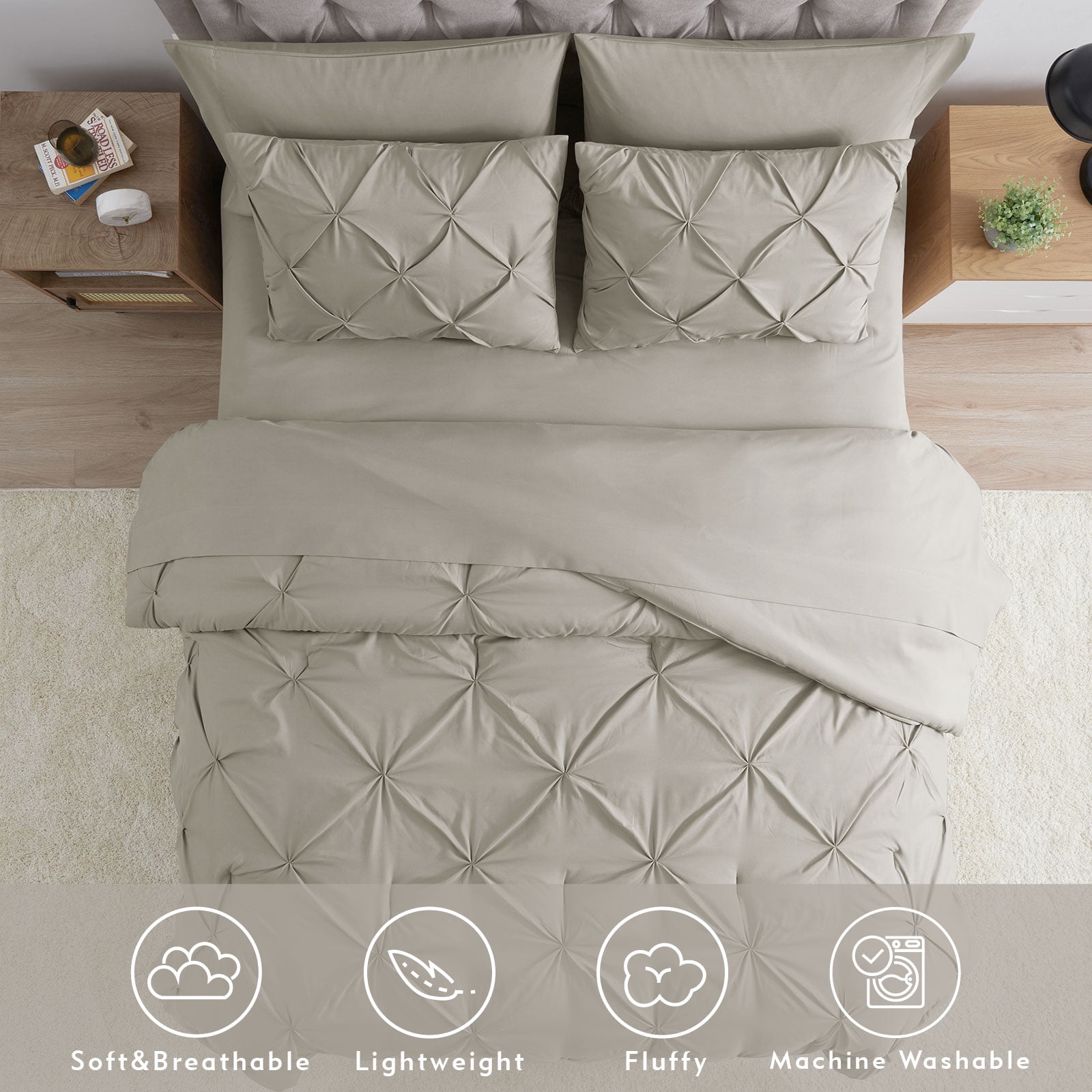 Bourina 3-Piece Twin Size Comforter Set, Pleated Wrinkle-Resistant Microfiber Bedding, Beige,All-Season