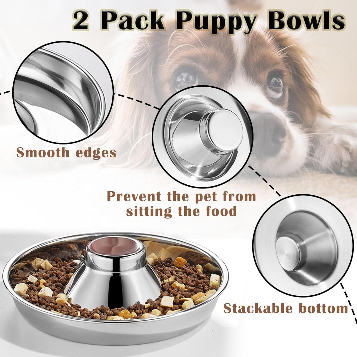 2 Pack Stainless Steel Puppy Bowls - 10 Inch Puppy Feeders Slow Pet Dog Feeding Bowls for Multiple Puppies - Food and Water Bowl for Small Dogs, Cat