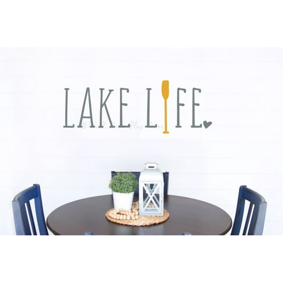 Lake Life Paddle Oar Vinyl Wall Art - Beach Decorations for Home - Lakehouse Quote Decals for Wall - Cabin Matte Vinyl Wall Decal Sayings for Wall Decor, 33x11-Inch, StormGray/Honey