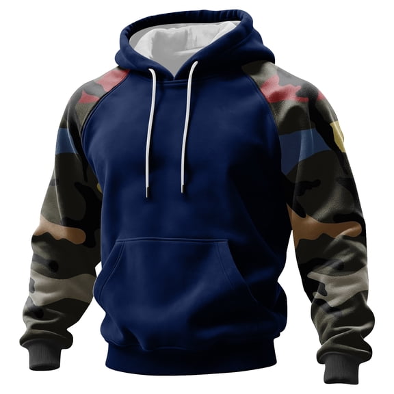Men's Pullover Hoodie with Camouflage Print Raglan Sleeves Drawstring Hood and Kangaroo Pocket Casual Style Dark Blue L