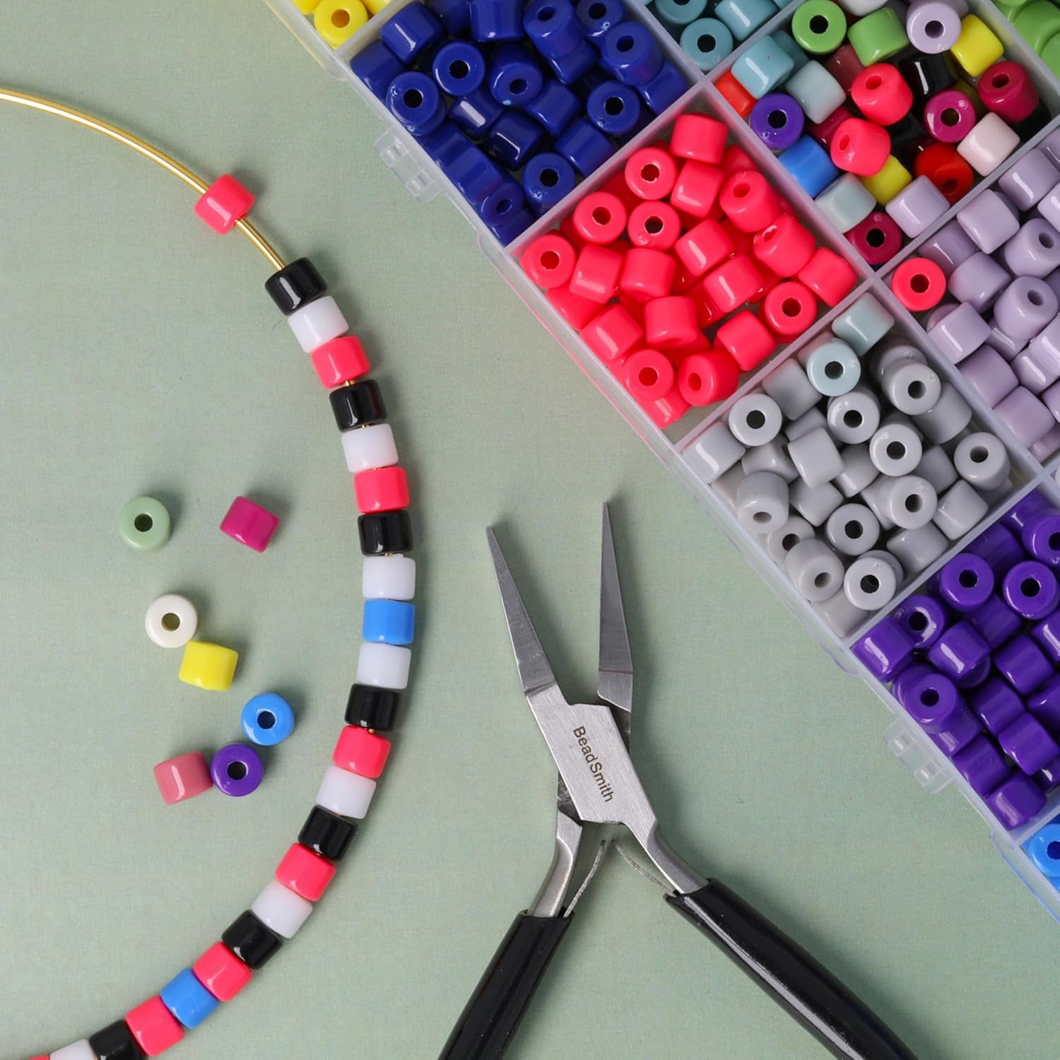 The Beadsmith Acrylic Beads Assortment – Tube Beads Assorted Colors, Approx. 1200pc, 24 Compartments, 23 Colors + Mixed, 0.25" x 0.2" Cylinder Beads
