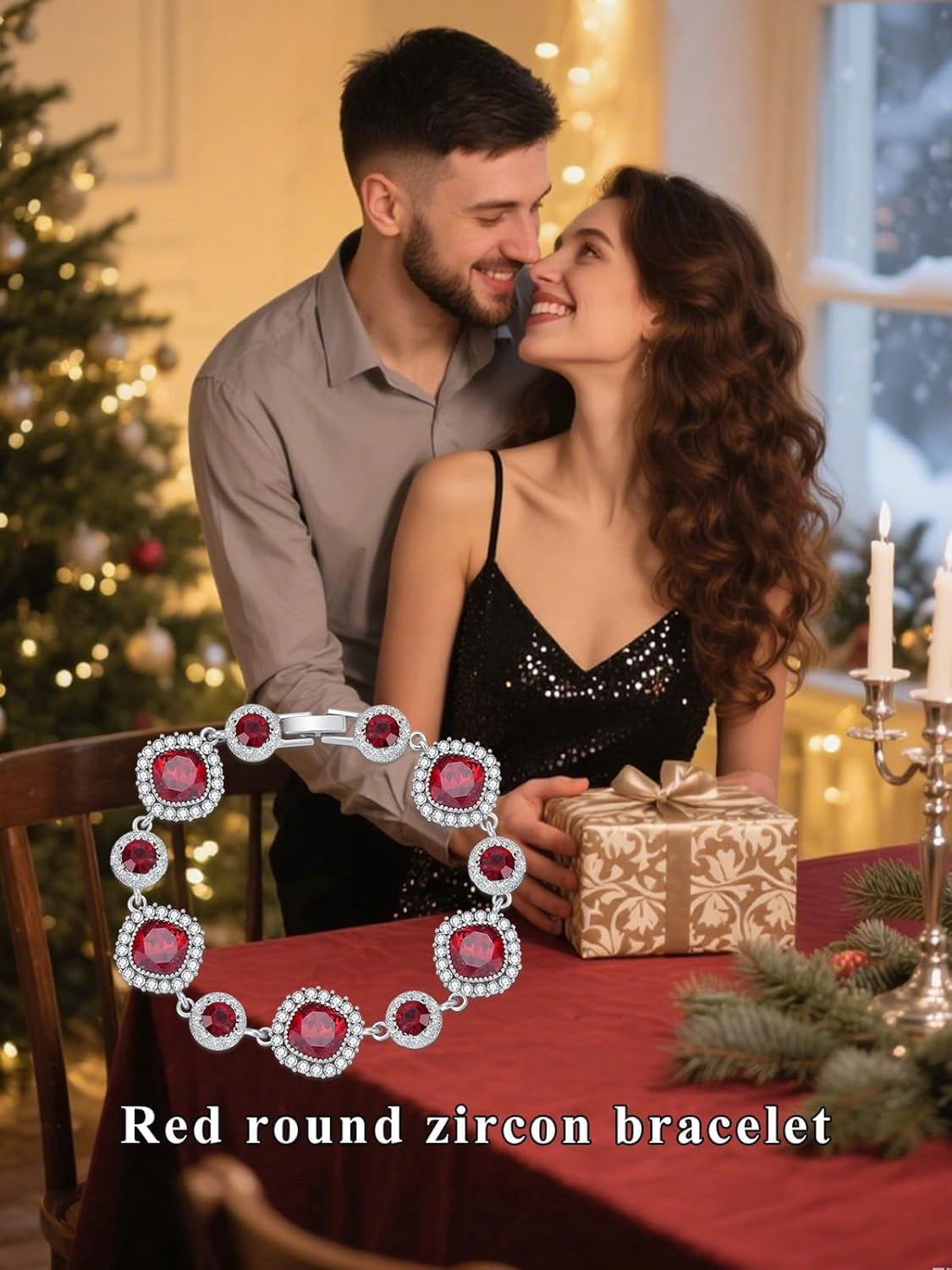 Red Gem Bracelet for Women White Gold Cushion Cut Crystal Bracelet Elegant Sparkling Jewelry for Christmas Valentine’s Day Gifts for Wife Xmas Jewelry Gifts for Women Mom Stocking Stuffers