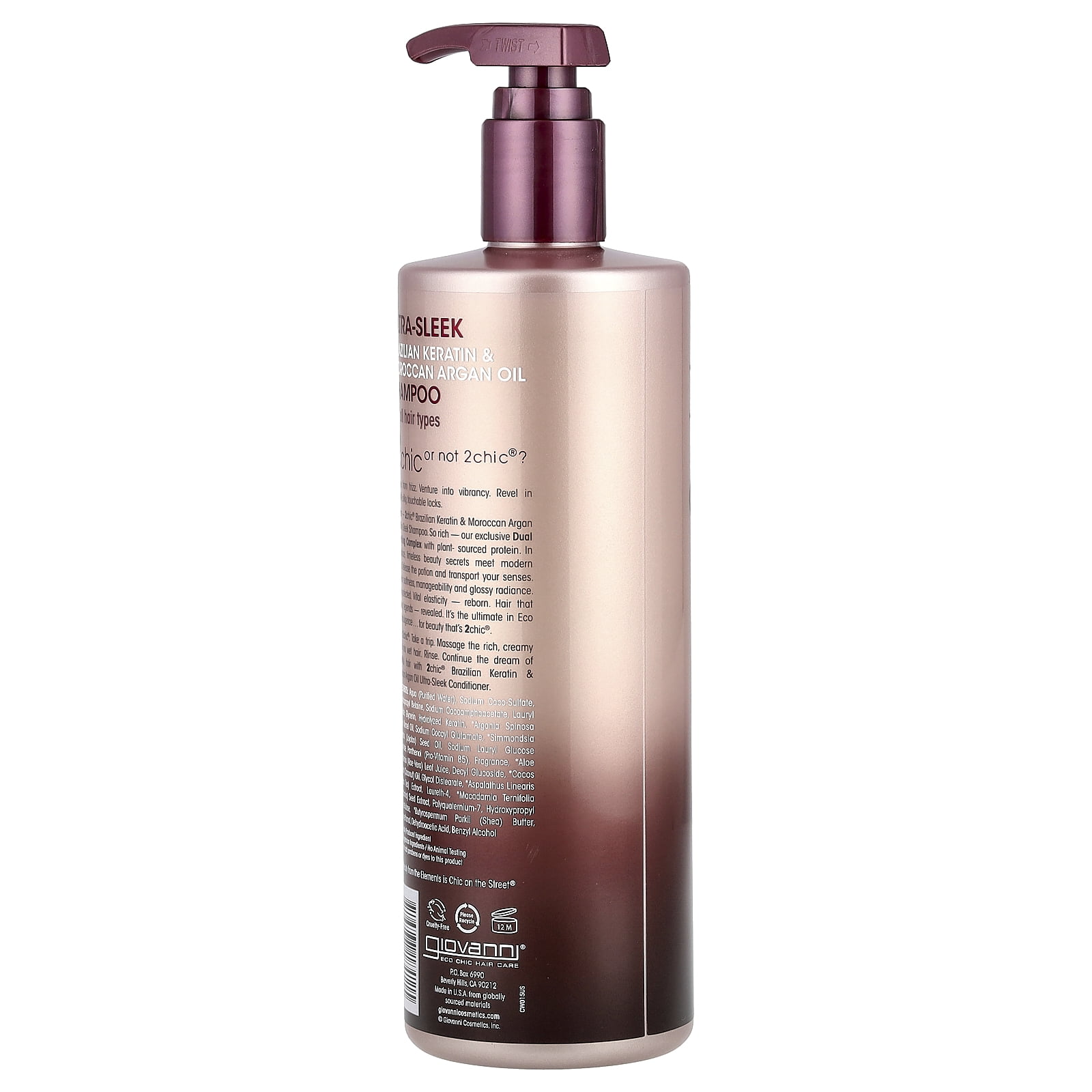 Giovanni 2chic®, Ultra Sleek Shampoo, For All Hair Types, Brazilian Keratin + Moroccan Argan Oil, 24 fl oz (710 ml)