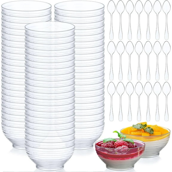 200 Pack 3 oz Clear Mini Plastic Bowls with 200 Pcs Spoons Disposable Ice Cream Bowls Bulk for Candy Salad Soup Snacks Weddings Party Catering Home Supplies