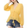 thumbnail image 2 of INSPIRE CHIC Women's Deep V Neck Drawstring Swiss Long Sleeves Blouse Tops XS Yellow, 2 of 7