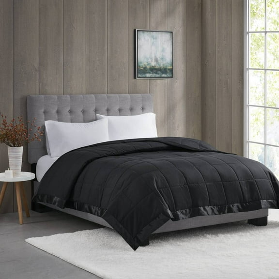 Lightweight Down Alternative Blanket with Satin Trim Black Full/Queen