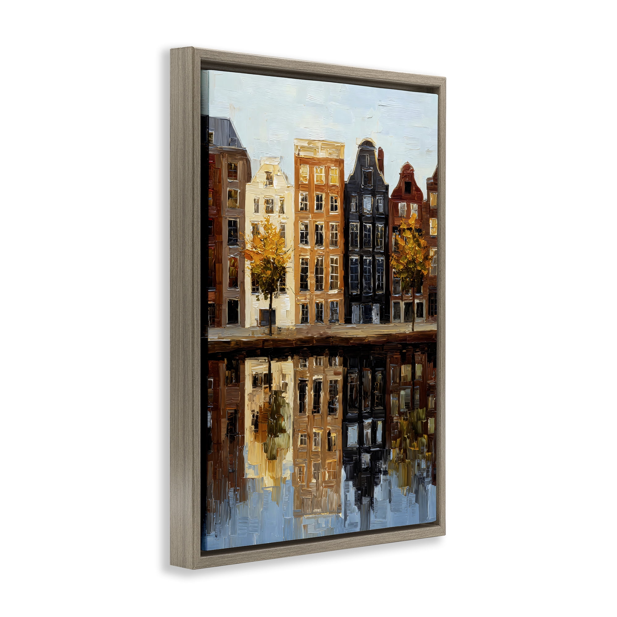 Stupell Industries City Reflection over Canal Brown Framed Floater Canvas Wall Art, design by Petal Prints Design