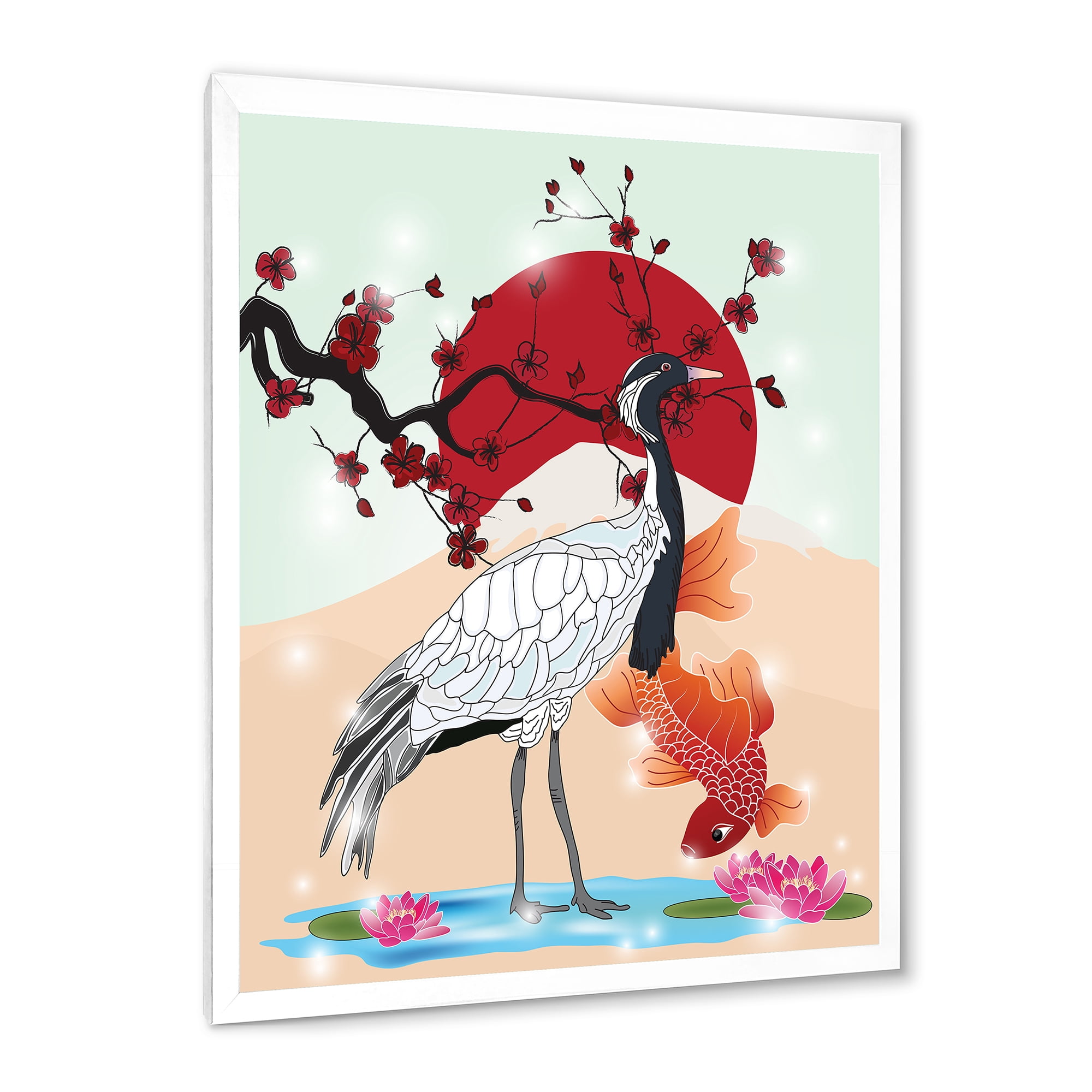 Designart 'Koi Fish With Crane Bird' Farmhouse Framed Art Print