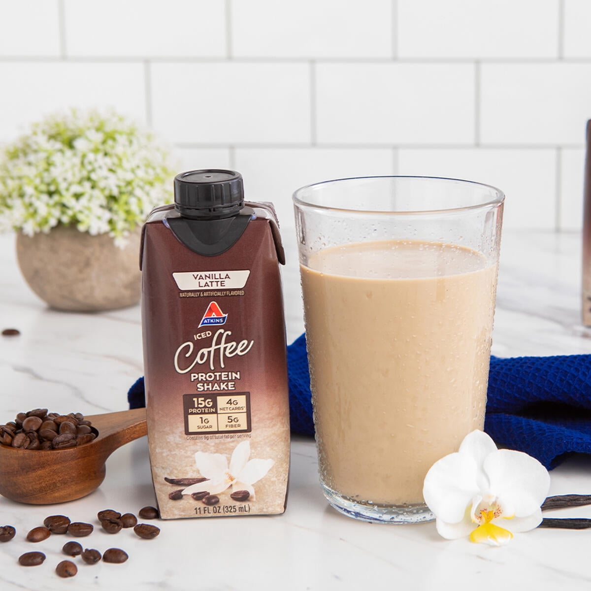 Atkins Iced Coffee Protein Shake, Vanilla Latte flavor, High Protein, Low Carb, Low Sugar, 3/4 Packs