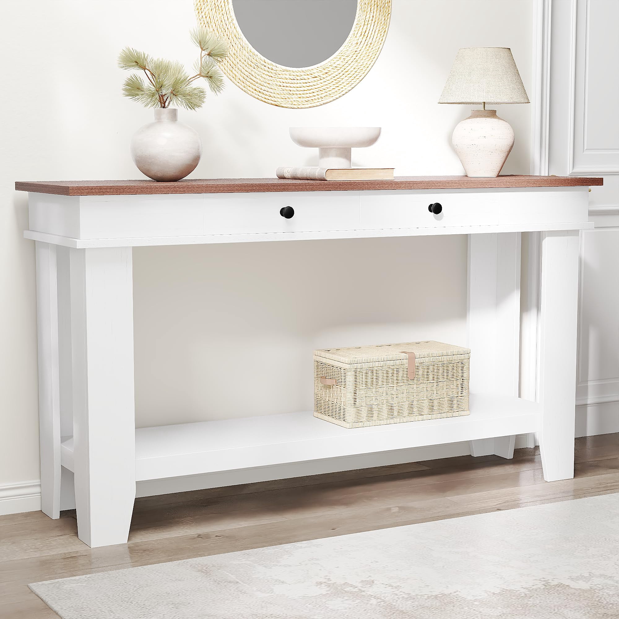 Roromall 54" Wood Console Table with 2 Drawers & Lower Shelf, Farmhouse Sofa Table for Entryway, Hallway, Living Room, Behind Couch