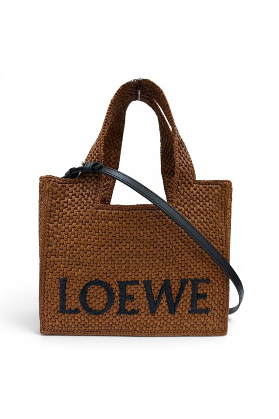 Pre-Owned LOEWE A685B59X01 Font Tote Small Raffia Honey Gold Leather Trim 2-Way Shoulder...