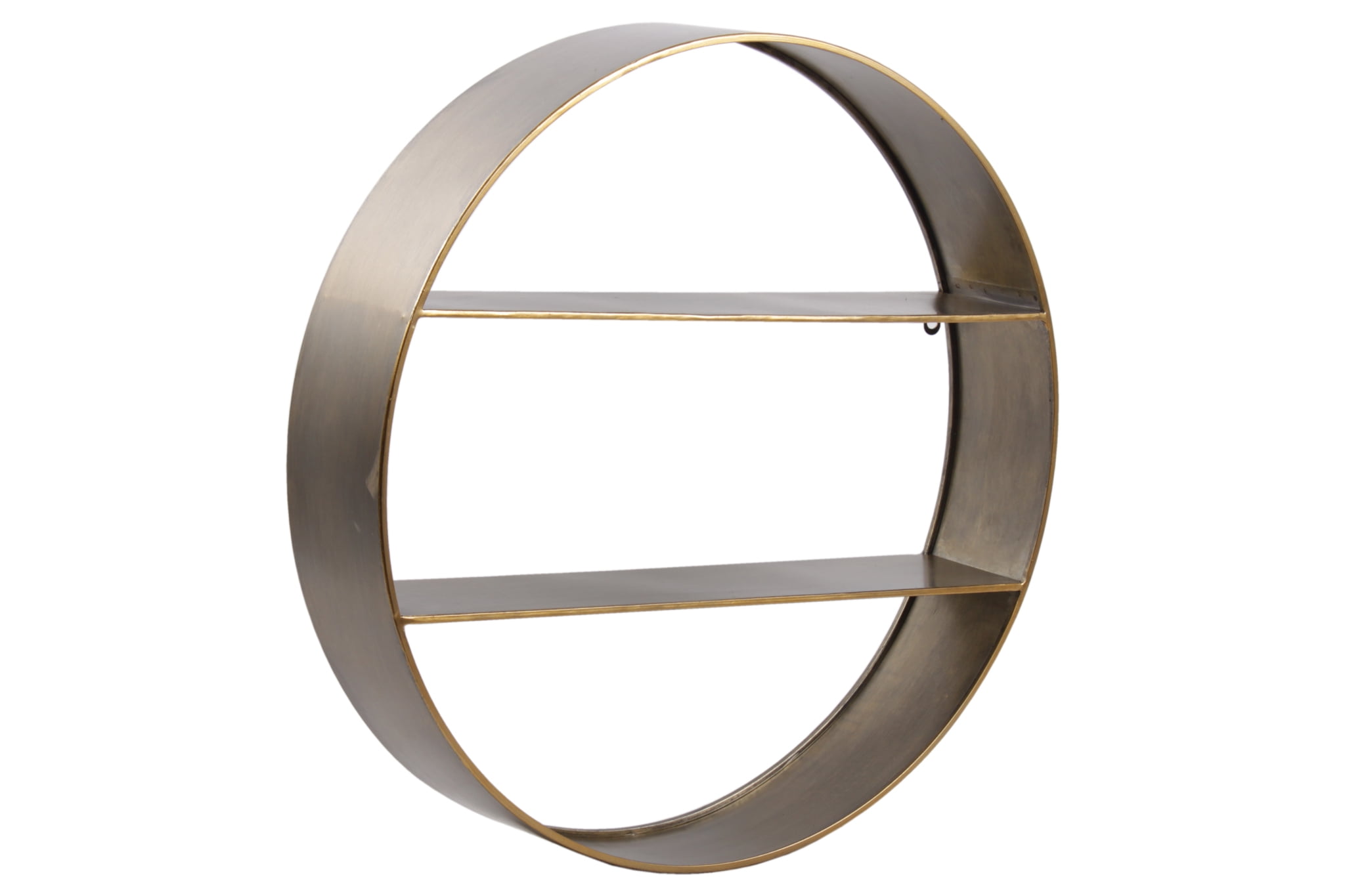 Round Metal Wall Shelf with 2 Tier Storage and Copper Edges, Brown