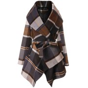 CHICWISH Women's Turn Down Shawl Collar Open Front Earth Tone Check Asymmetric Hemline Wool Blend Coat
