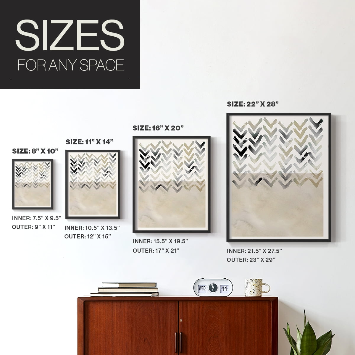 Neutral Chevron in Black Solid Wood 16 x 20 Framed Print