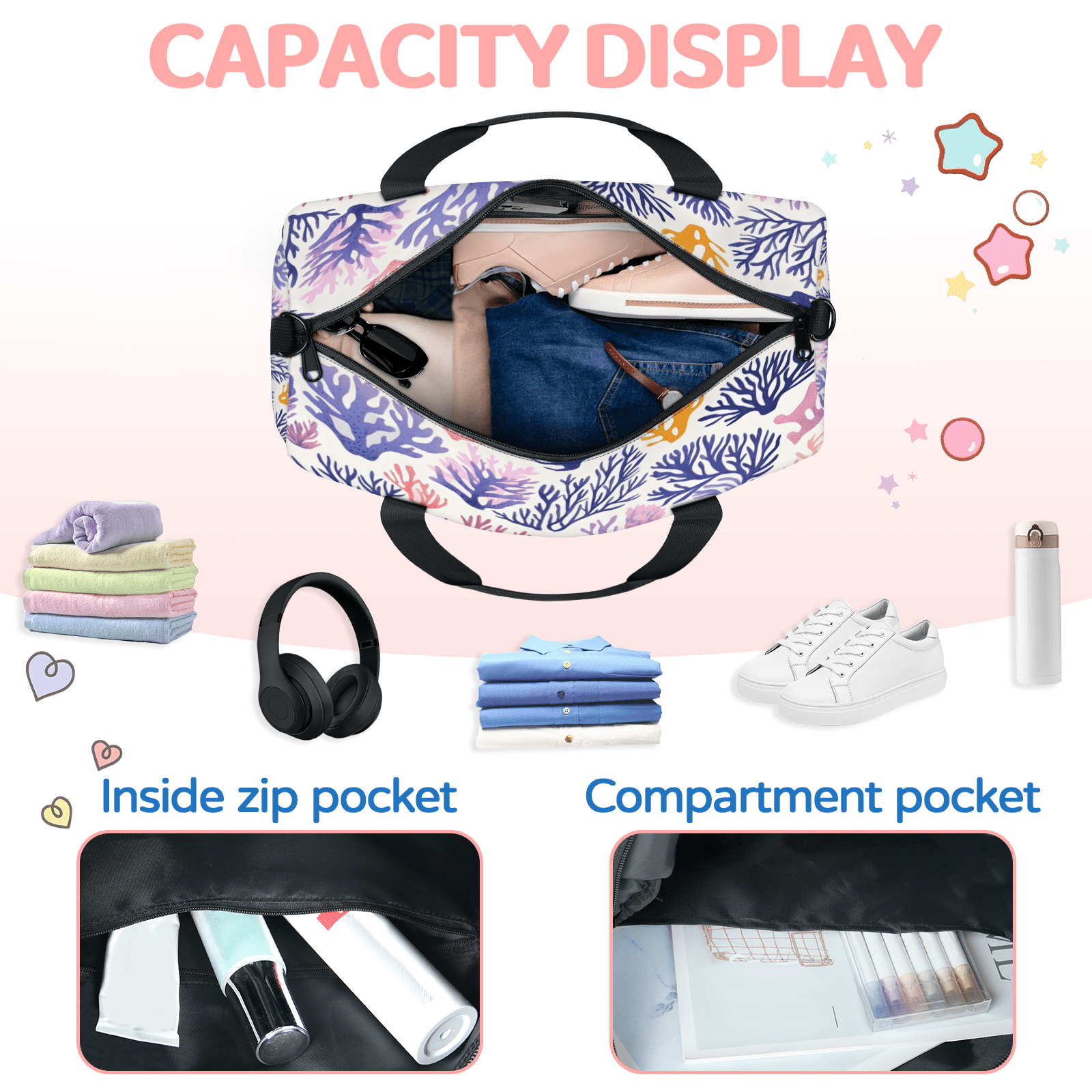 Herdesigns Coral Beach Travel Duffle Bag Sports Yoga Weekender Overnight Carry on Workout Bags Lightweight Waterproof Gym Tote Bag for Women Ocean Coastal